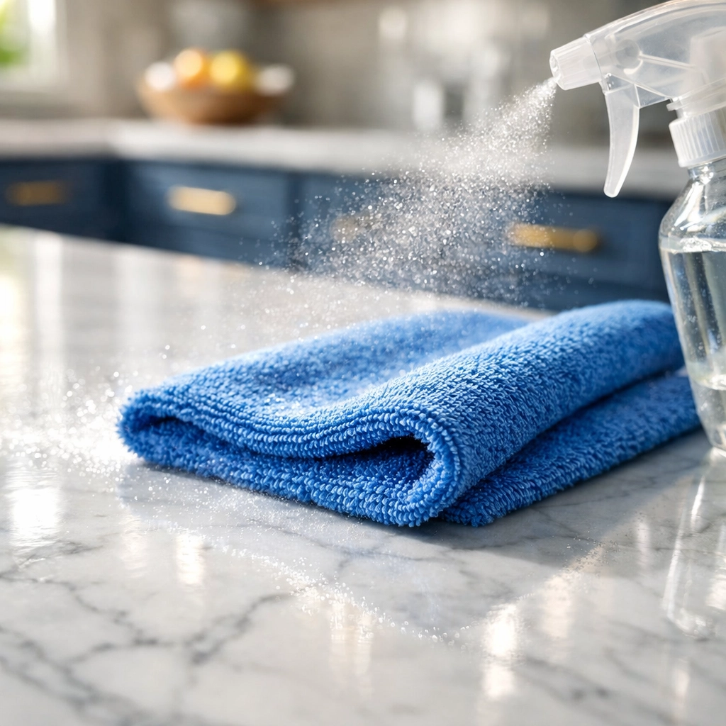 Using a microfiber cloth for streak-free eco-friendly house cleaning MA on a marble kitchen island.