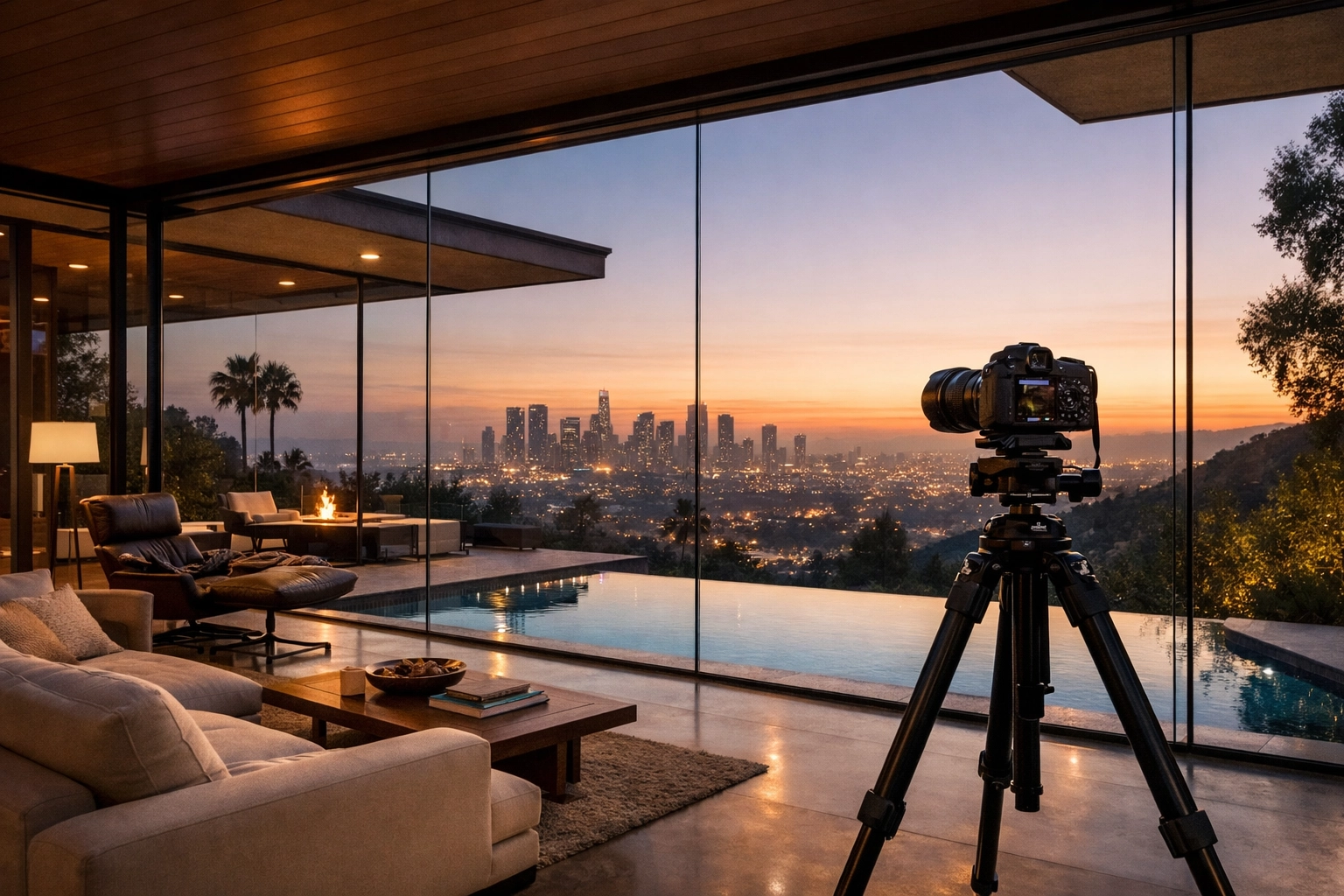 Real estate photographer capturing a luxury Hollywood Hills property at dusk for a high-end listing.