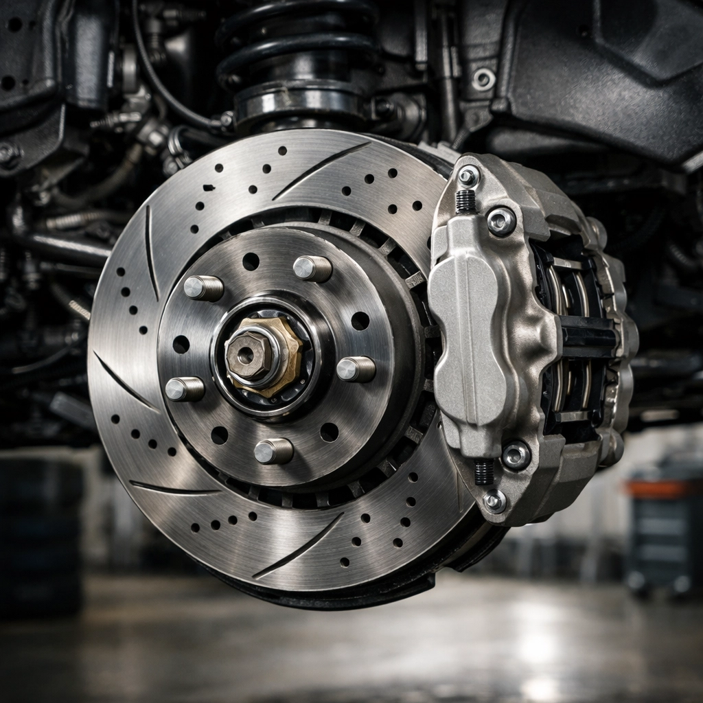 Metallic brake rotor and caliper being inspected at Legacy Tire & Auto Repair for safety.