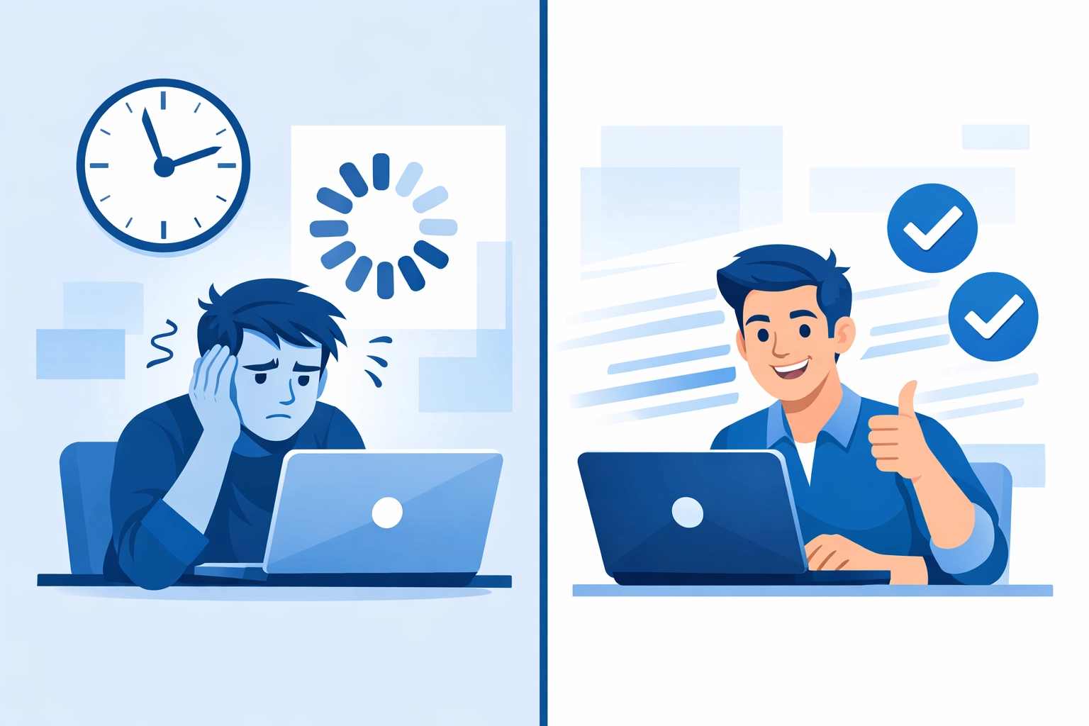 Comparison of slow loading website causing frustration vs fast loading website with satisfied user