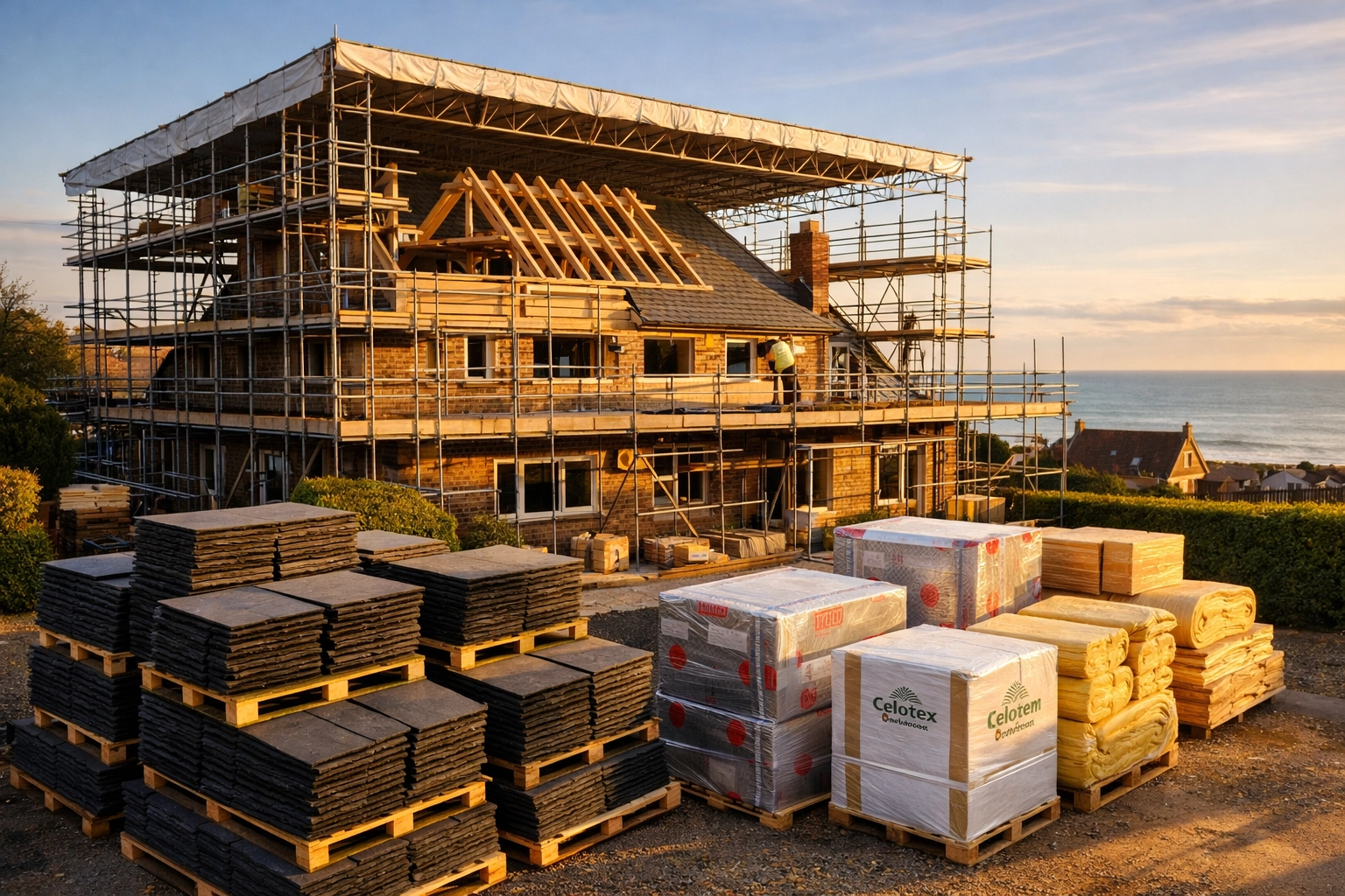 Professional scaffolding and roof elevation for a bungalow-to-house transformation in Bognor Regis.
