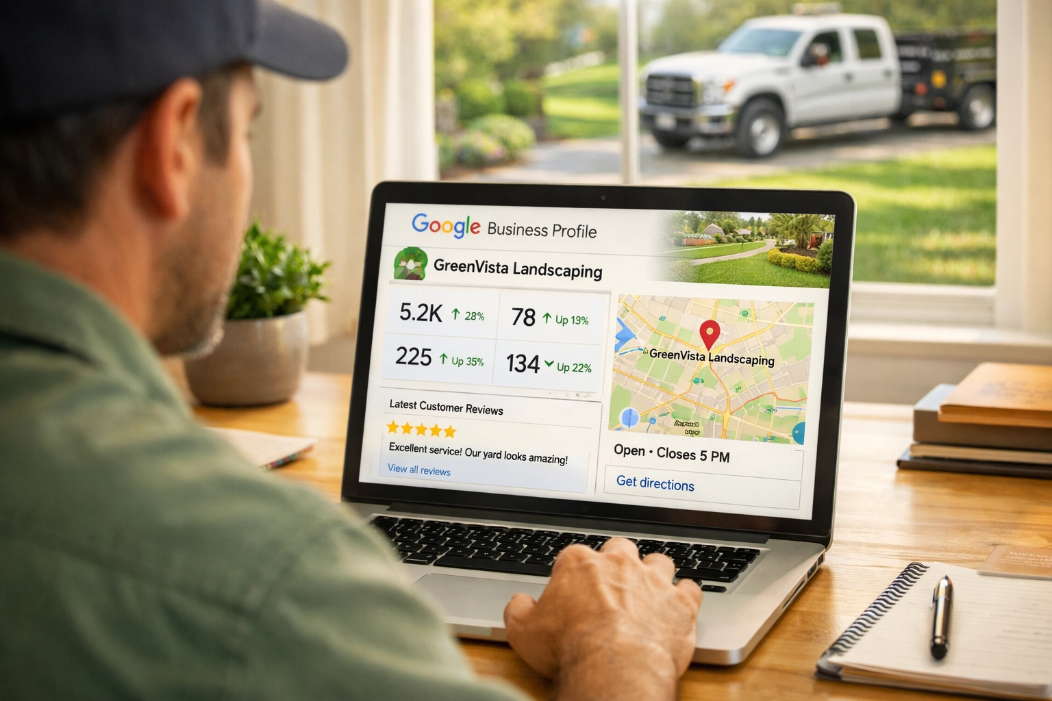 Landscaping business owner reviewing Google Business Profile and local SEO metrics on laptop