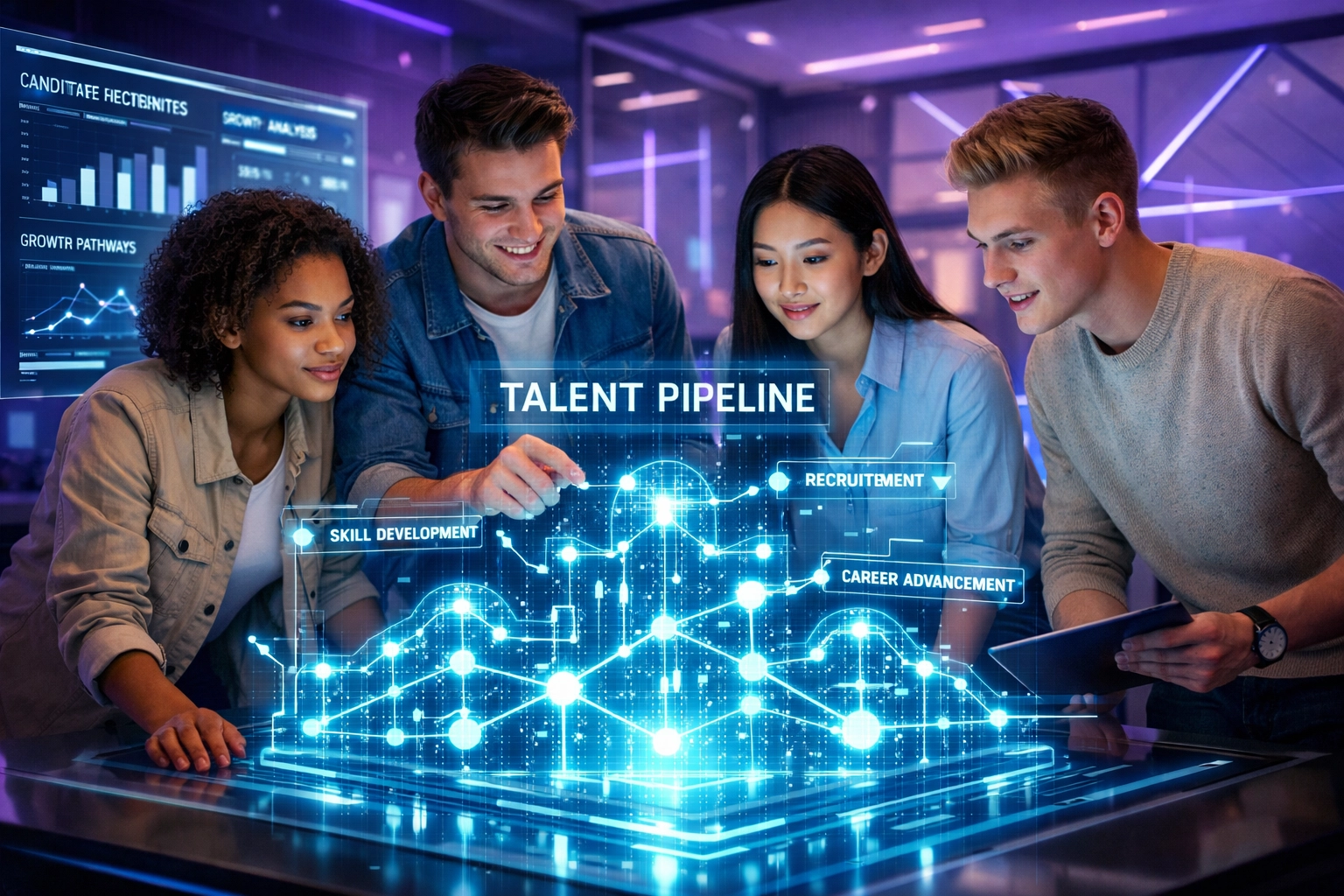 Young professionals analyzing talent pipeline data and career pathways in modern workspace