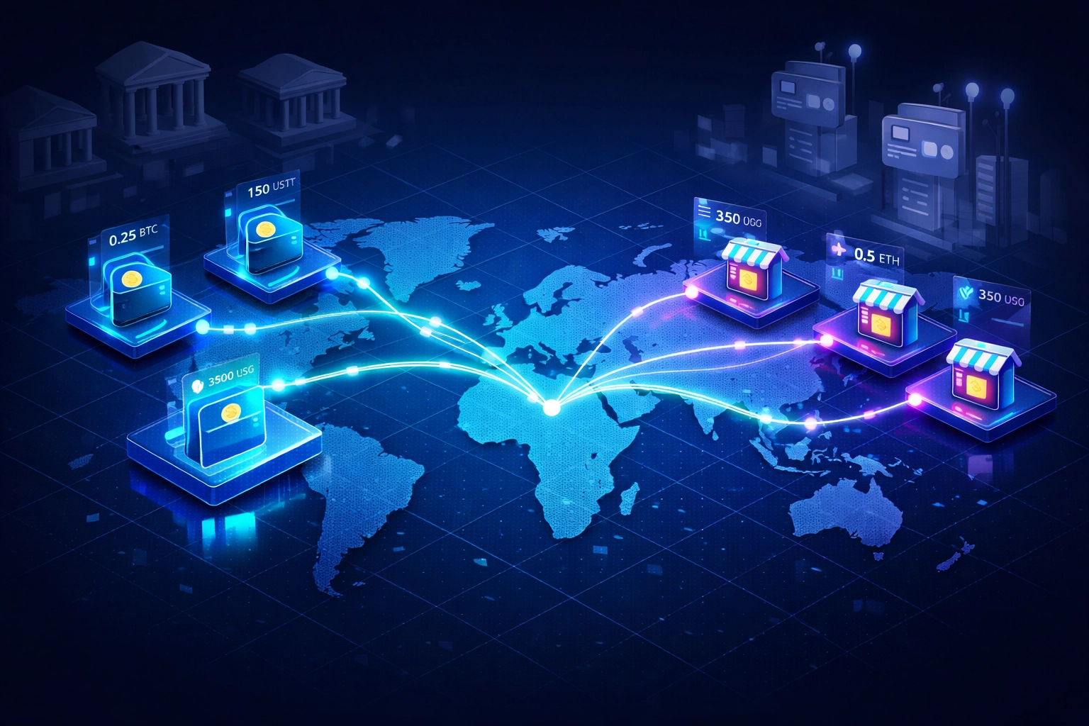 Blockchain network connecting customer wallets directly to merchant accounts bypassing banks globally