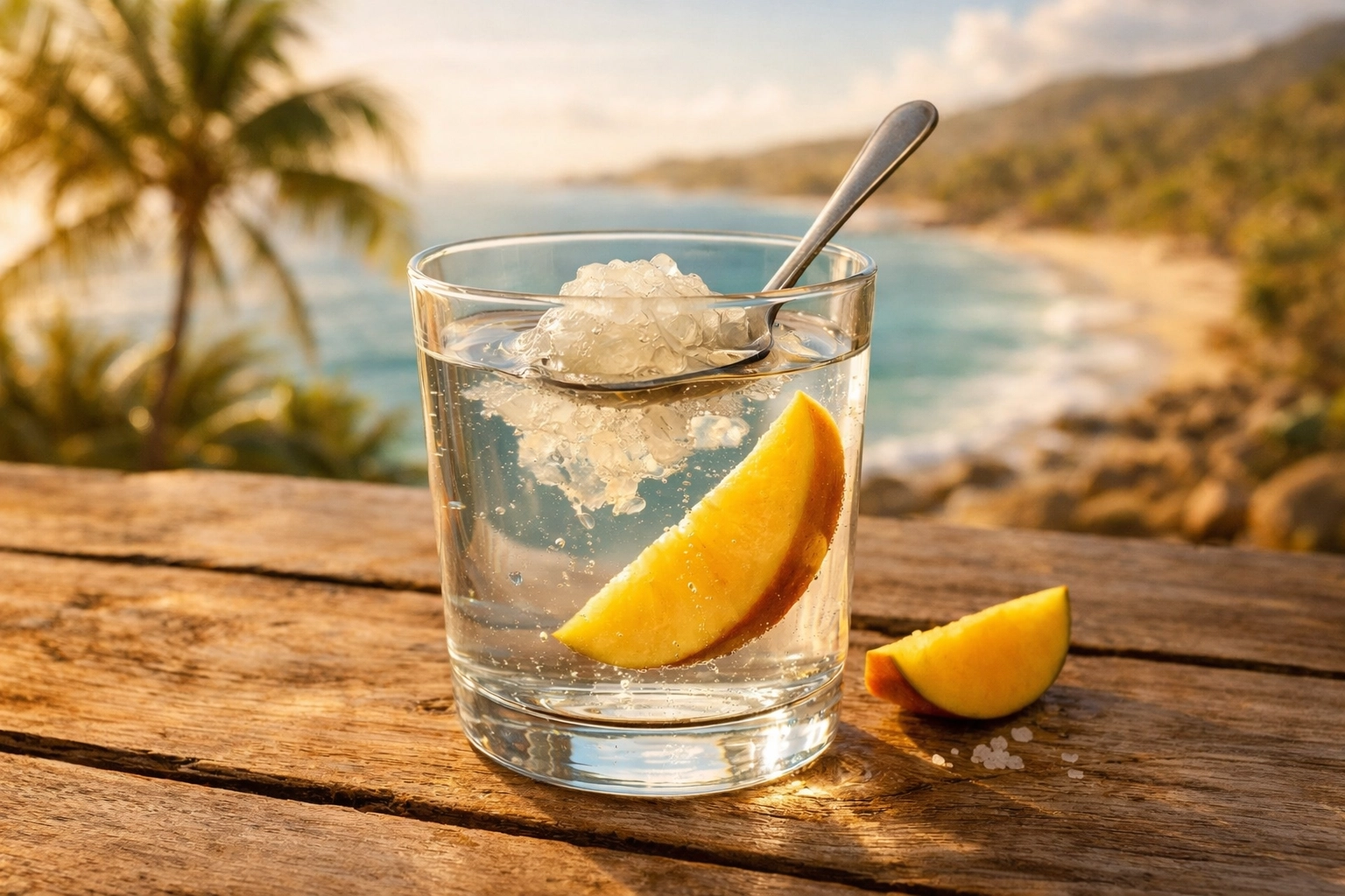 A refreshing drink with a spoonful of sea moss gel and mango slice, showcasing natural wellness and vitality.