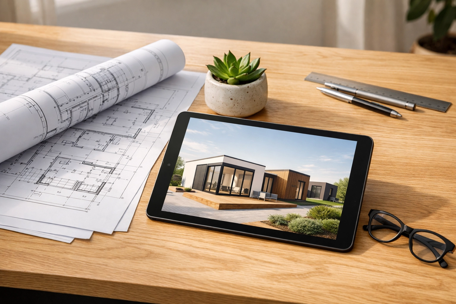 Modern desk with blueprints and modular home design for the prefab building approval process in Australia.