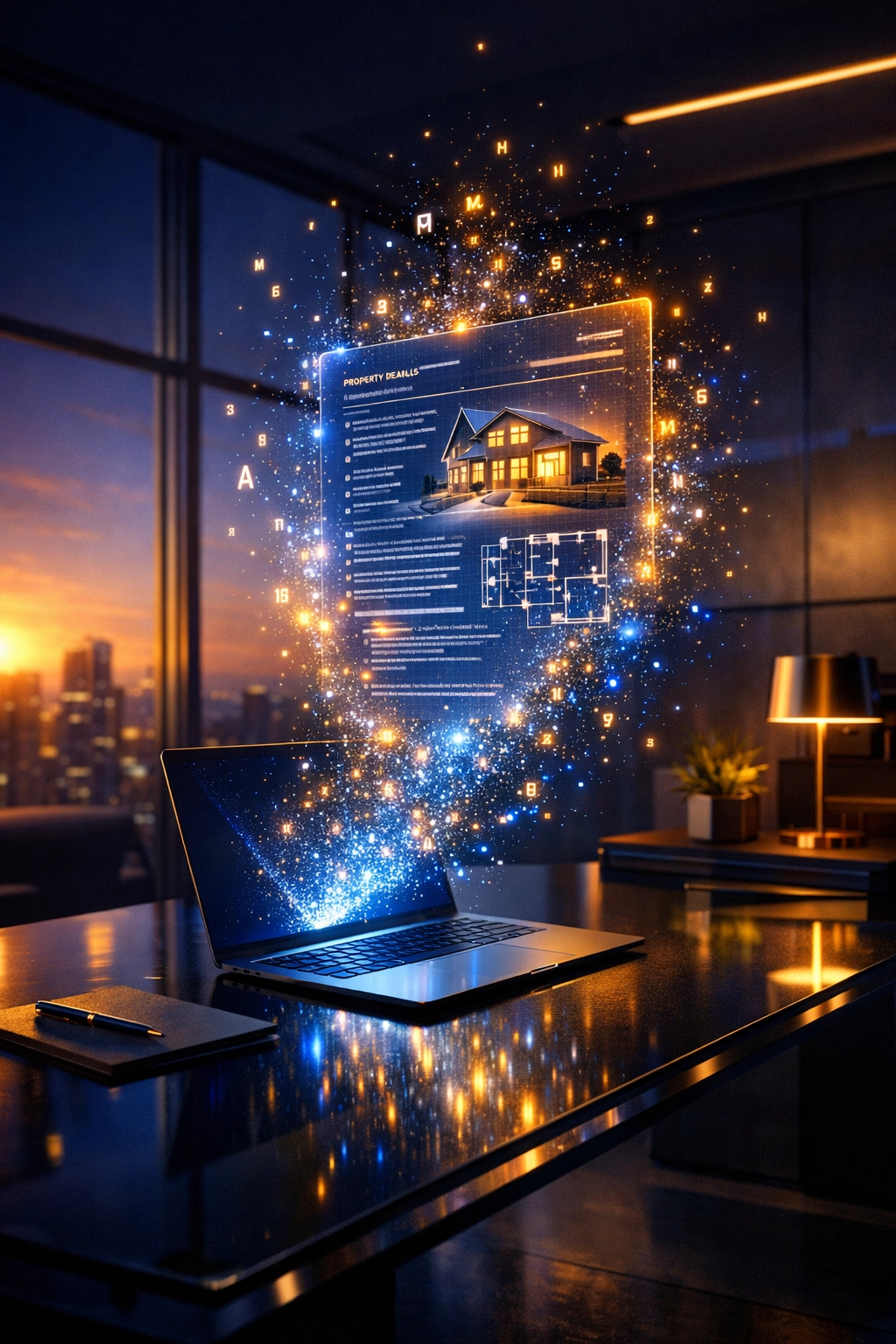 Modernes Maklerbüro nutzt KI zum automatisierten Erstellen von Exposés am Laptop.