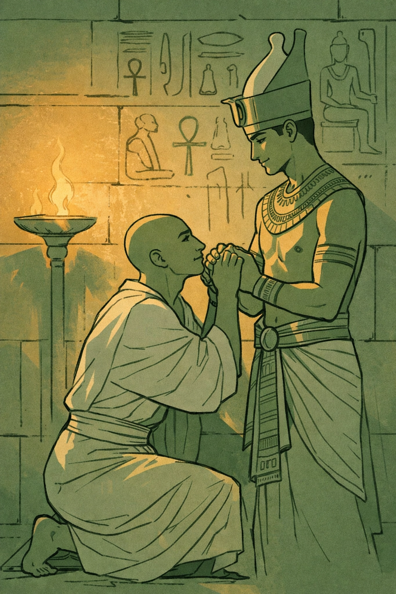 Priest and pharaoh clasping hands in sacred ritual blending duty and desire - MM historical romance