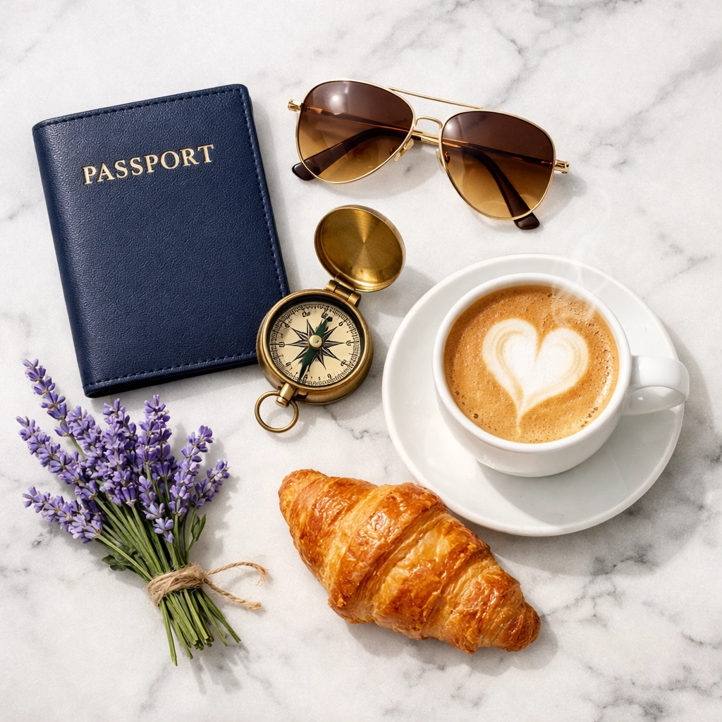 Travel essentials like a passport holder and coffee, illustrating a seamless European vacation checklist.