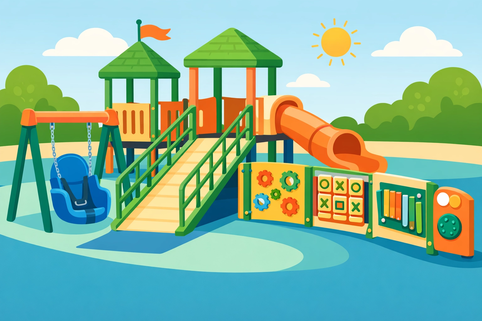 Accessible inclusive playground with ramps and sensory swings for Monroe and Walton special needs families.