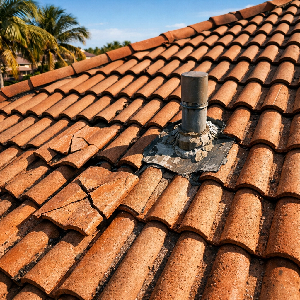 Damaged roof tiles on Southwest Florida home showing sun and weather wear