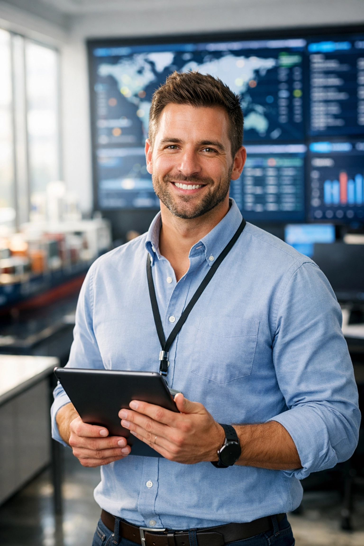 Professional logistics coordinator using a tablet to monitor global shipping and provide personalized customer service.