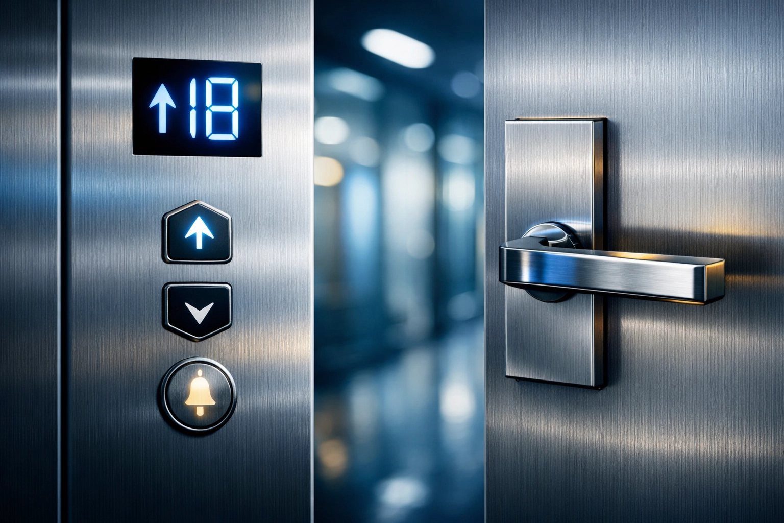 Disinfected metal elevator buttons and door handles in a professionally cleaned office lobby.