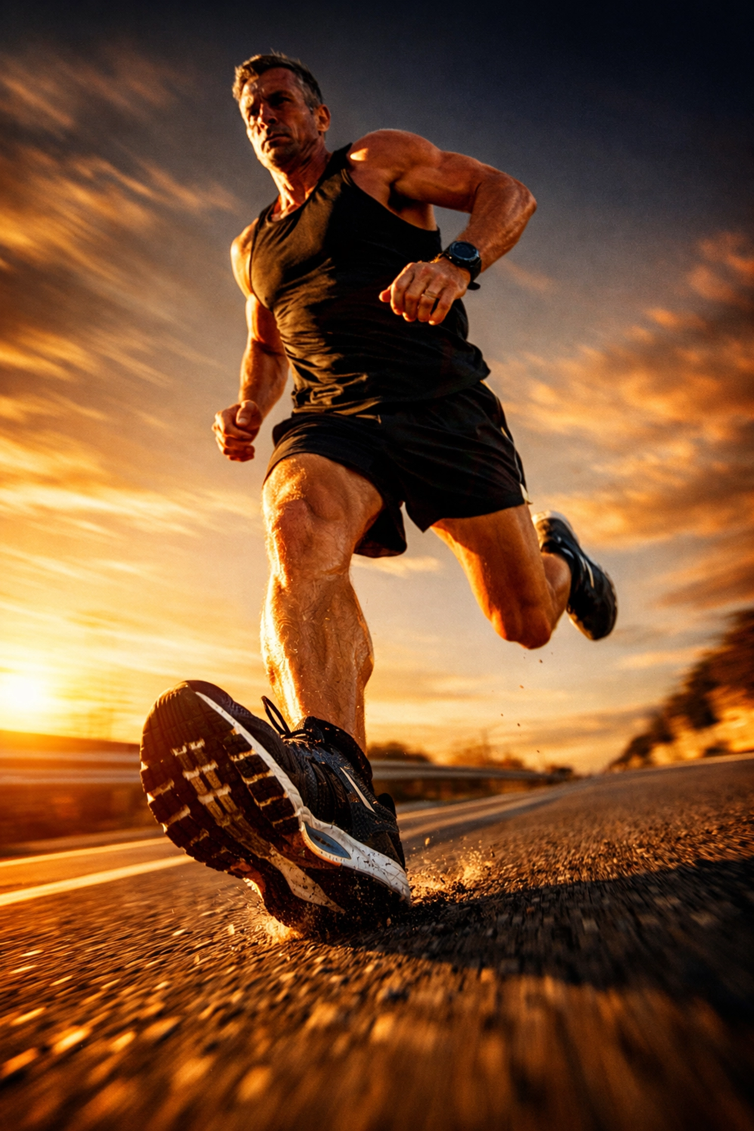 Fit runner over 40 building a base for a beginner marathon training plan during golden hour.
