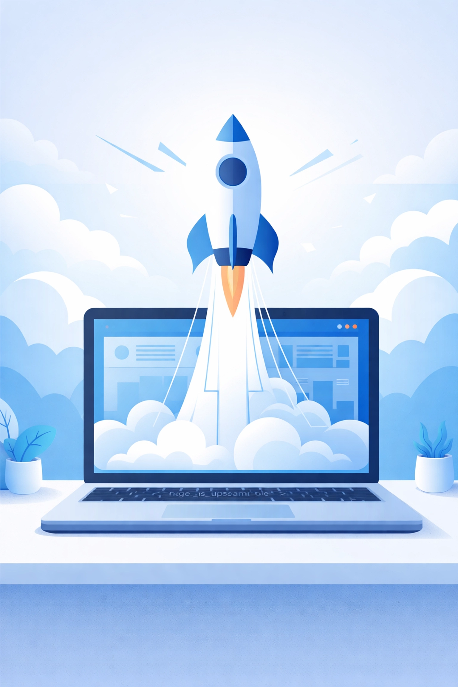Rocket launching from a laptop symbolizing improved website speed and enhanced performance benefits