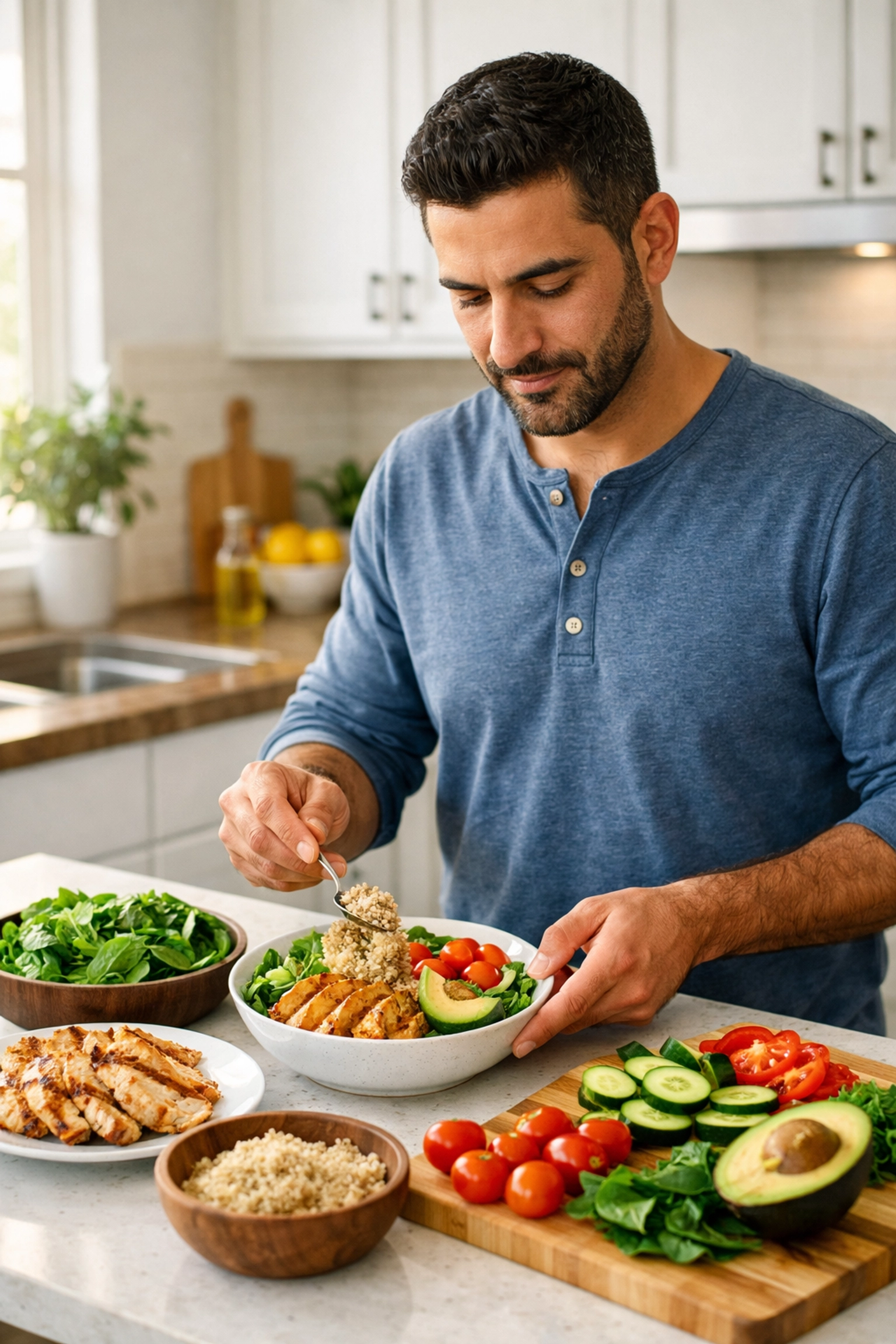 Man preparing balanced, nutritious lunch with fresh vegetables and protein