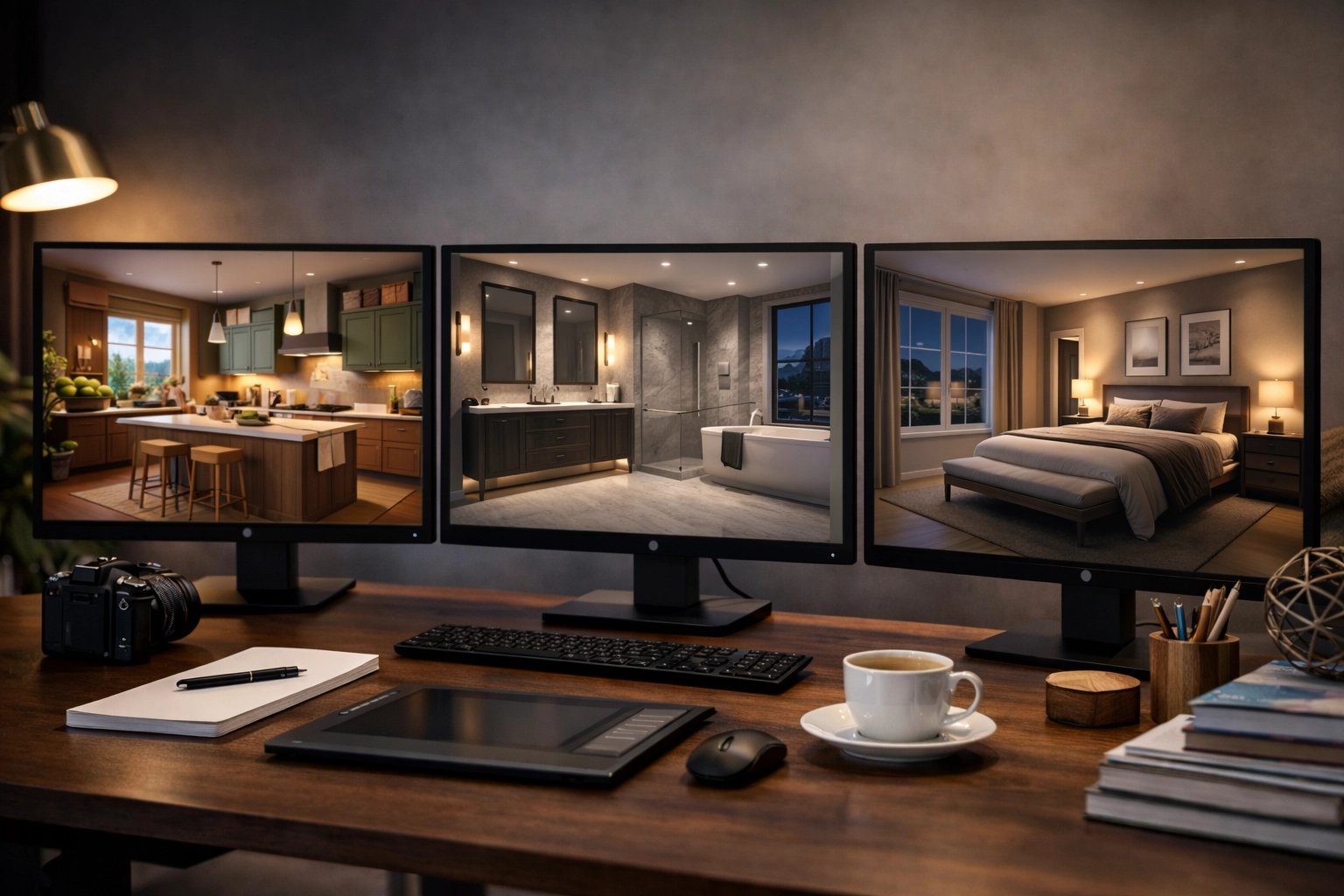 Photorealistic studio desk scene with multiple monitors showing different rendering styles (no readable UI, no text, no overlays)