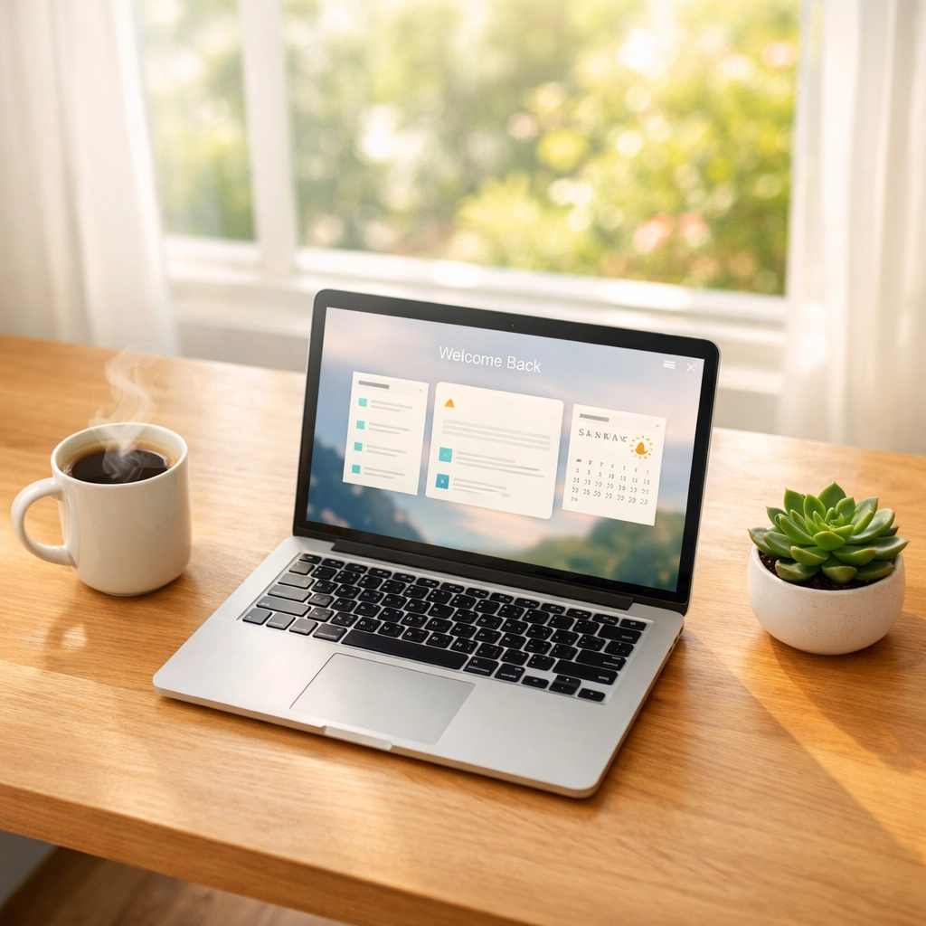 Clean workspace with a laptop and coffee symbolizing time saved through virtual administrative support.