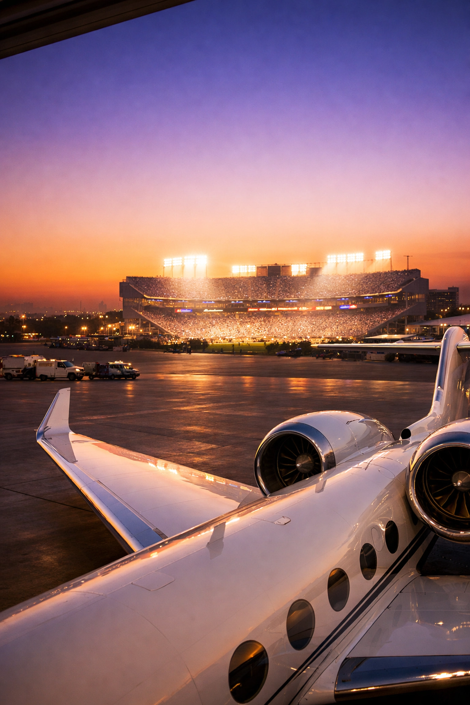 Private jet on a tarmac overlooking an illuminated stadium for Super Bowl corporate travel management.