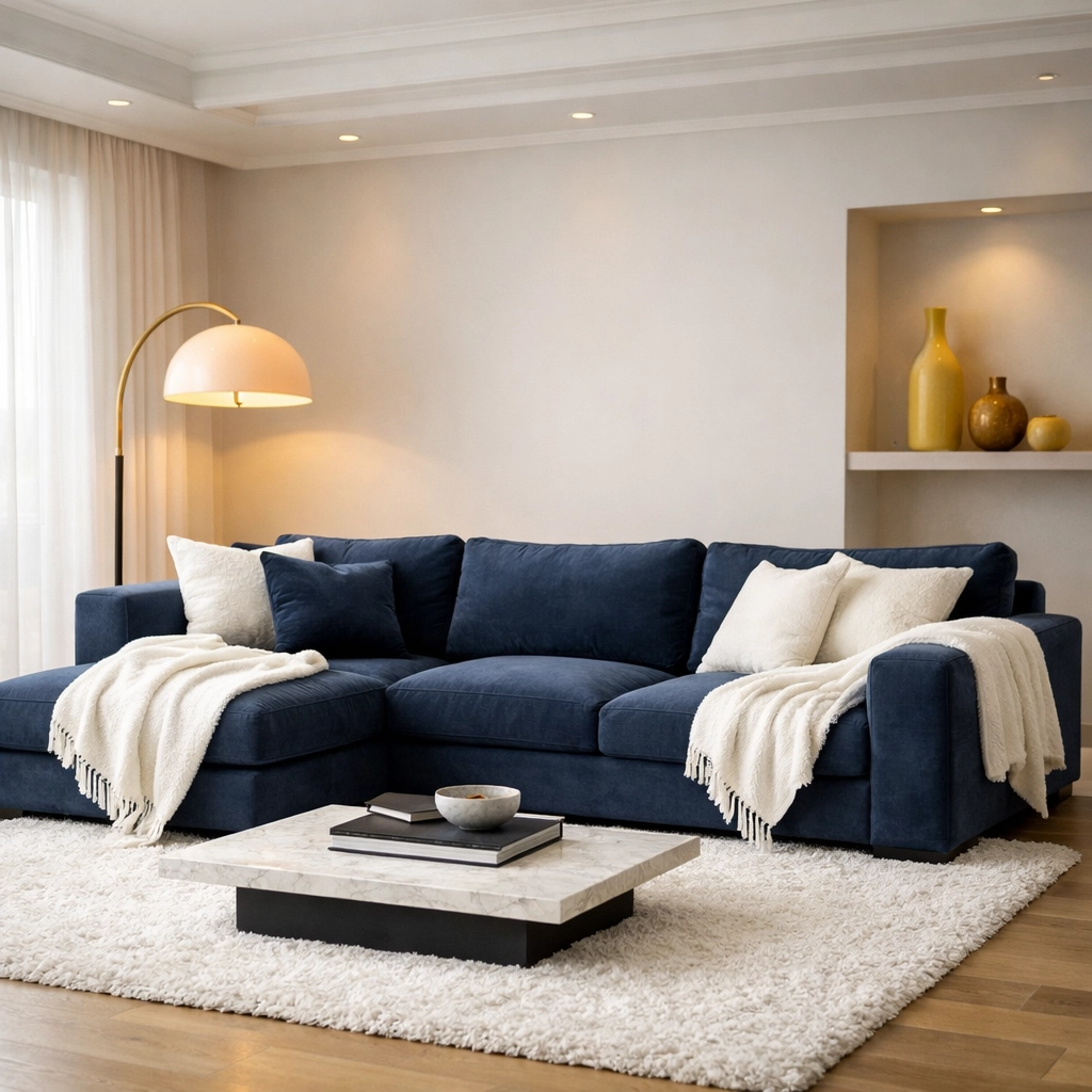 Serene living room with a navy sofa and white rug following a professional deep cleaning for relaxation.