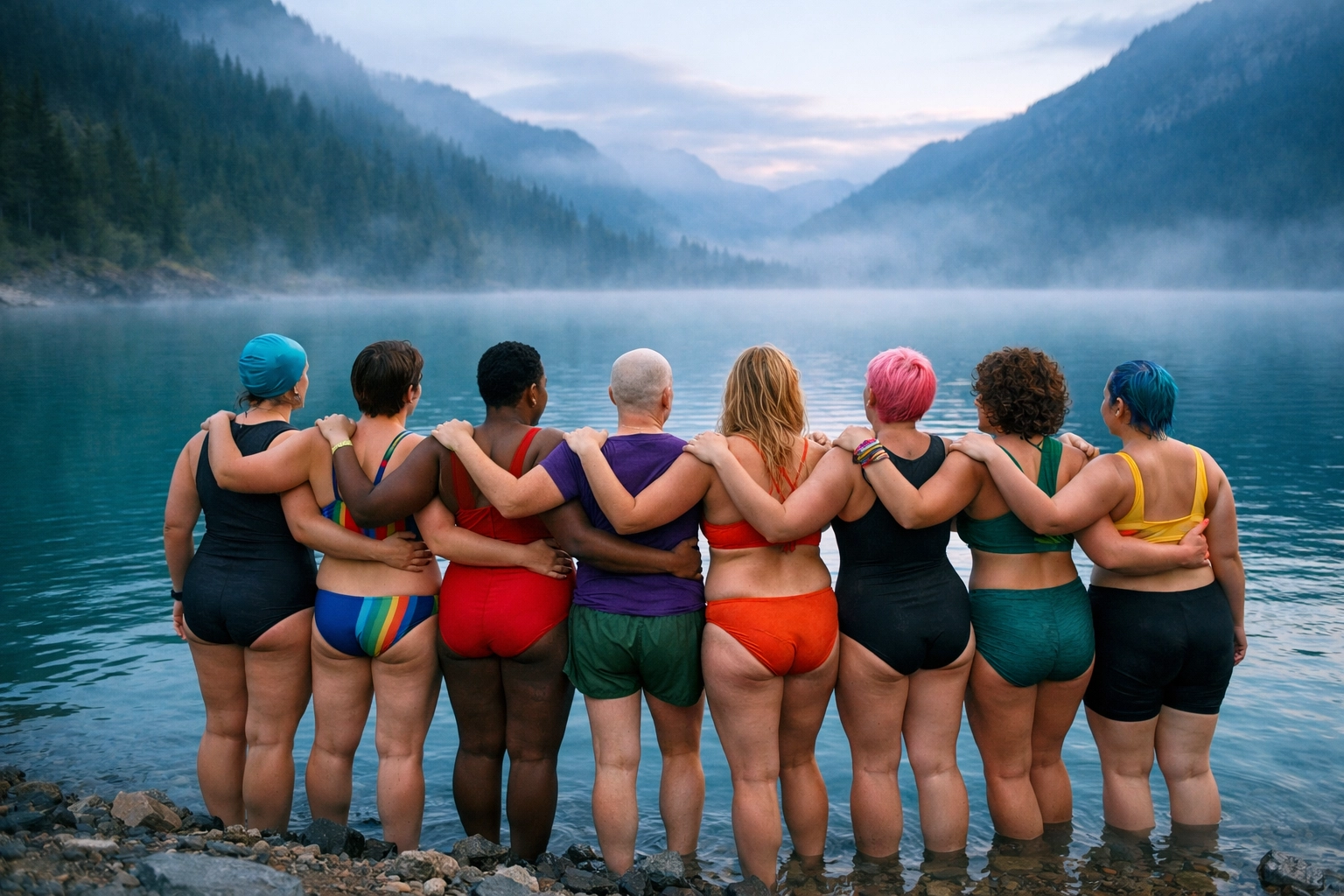 A group of queer women and non-binary people preparing for a wild swim, building community in nature.
