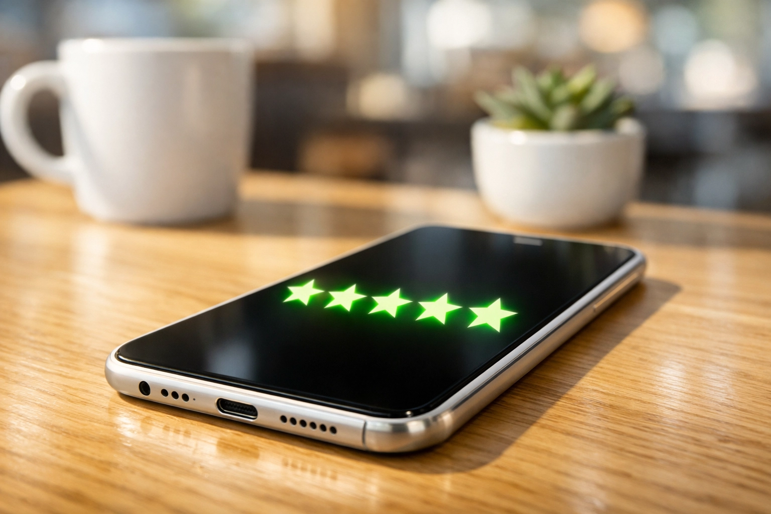 A smartphone displaying a five-star customer review rating on a table in a local cafe.