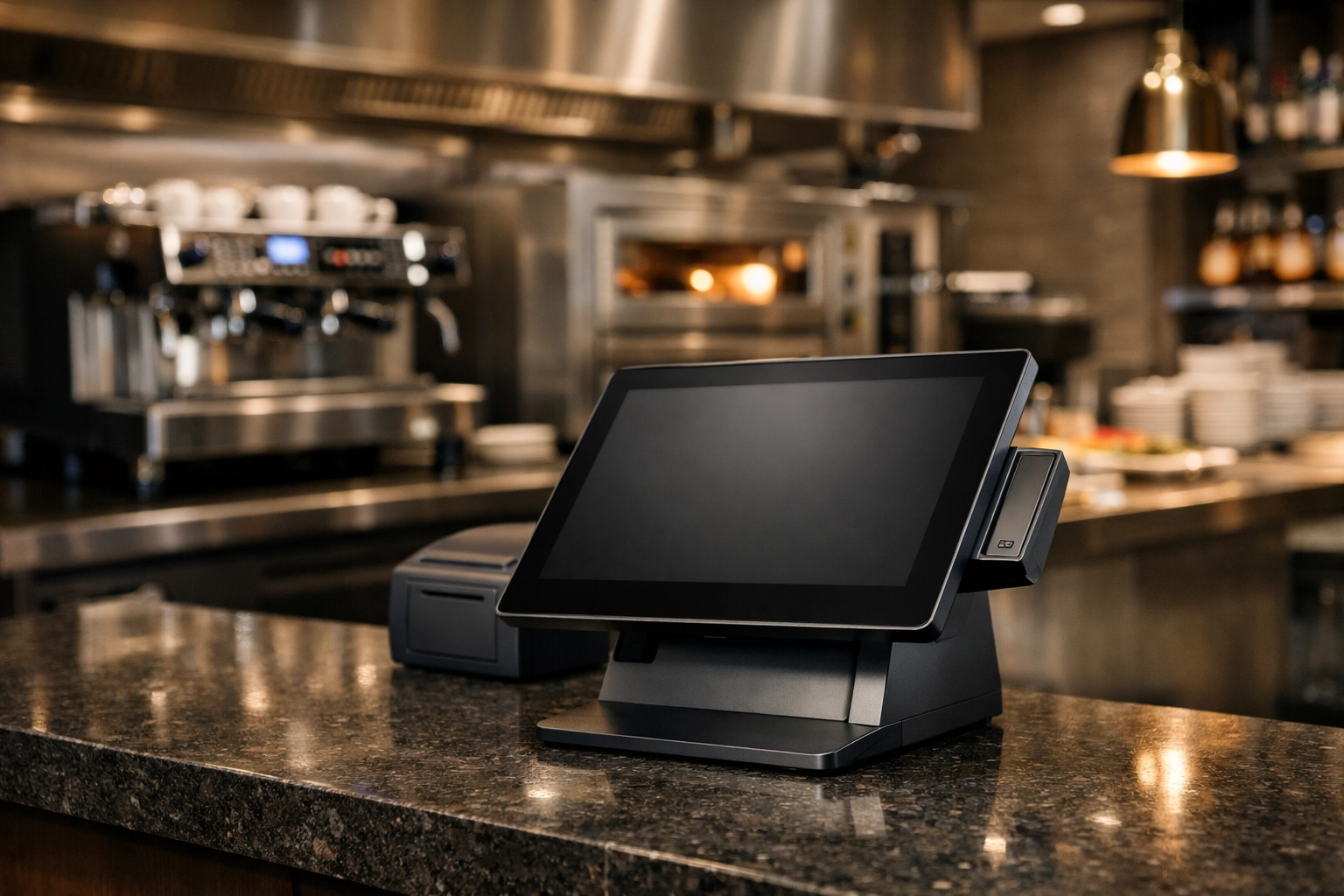 Modern restaurant POS system and kitchen machinery covered under a business owners policy.