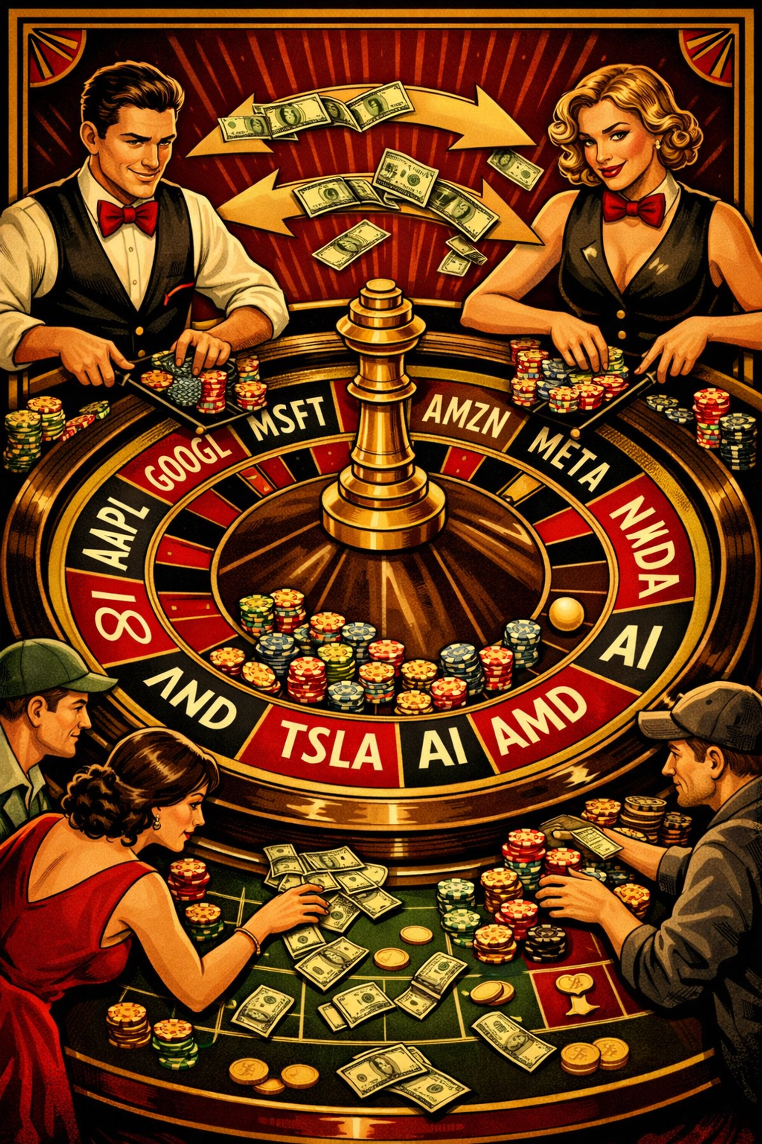 Casino roulette wheel with AI stock symbols showing how insiders profit from retail investors