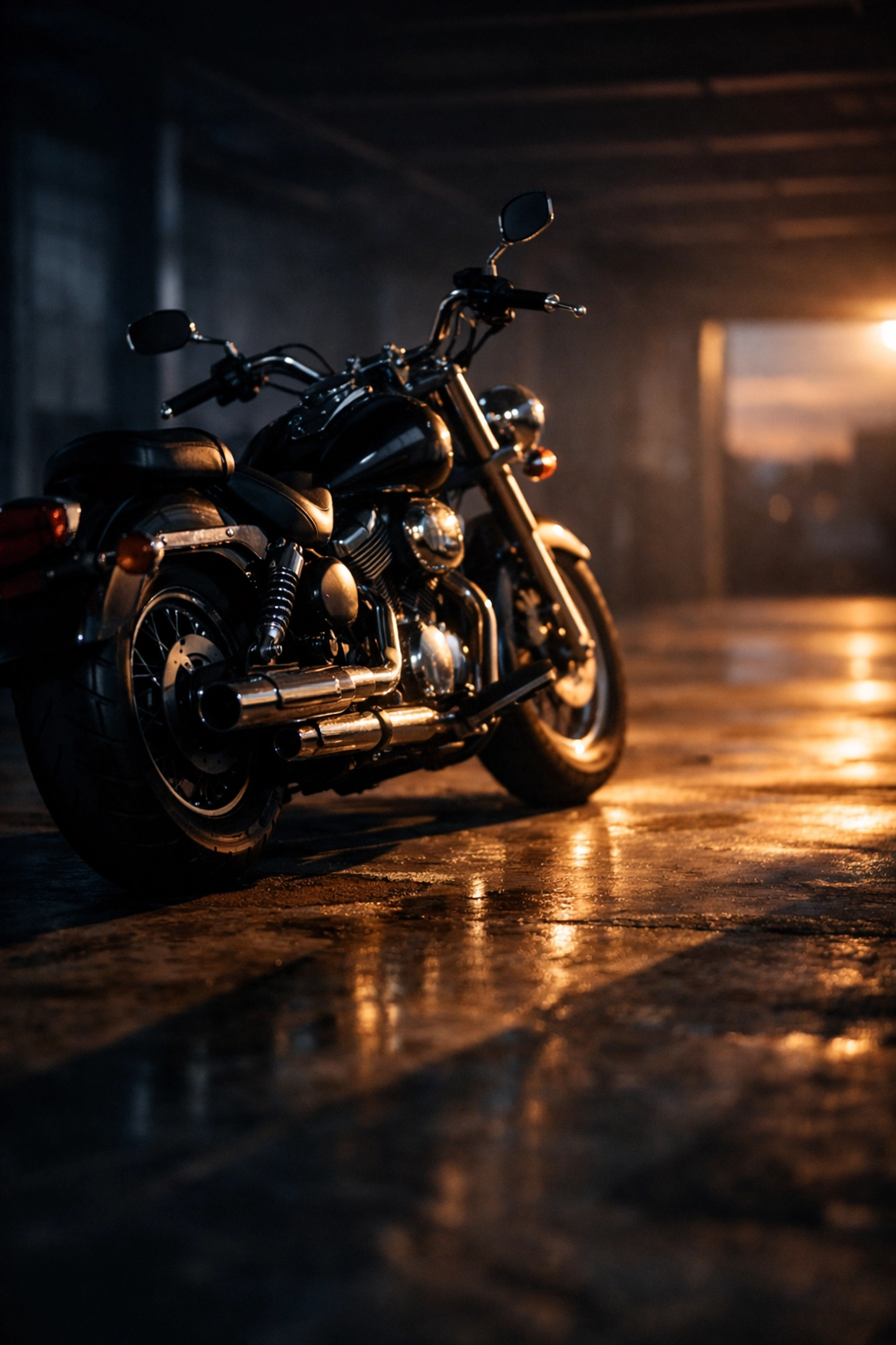 Lone motorcycle in empty garage representing isolation and mental health struggles in biker community