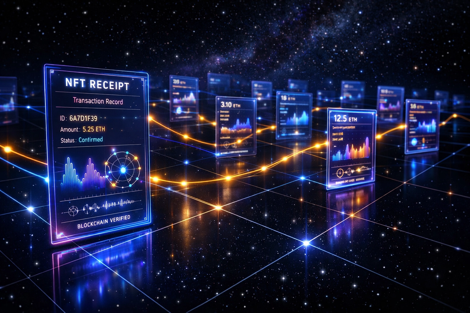 NFT receipt verification system showing blockchain transaction records and loyalty connections