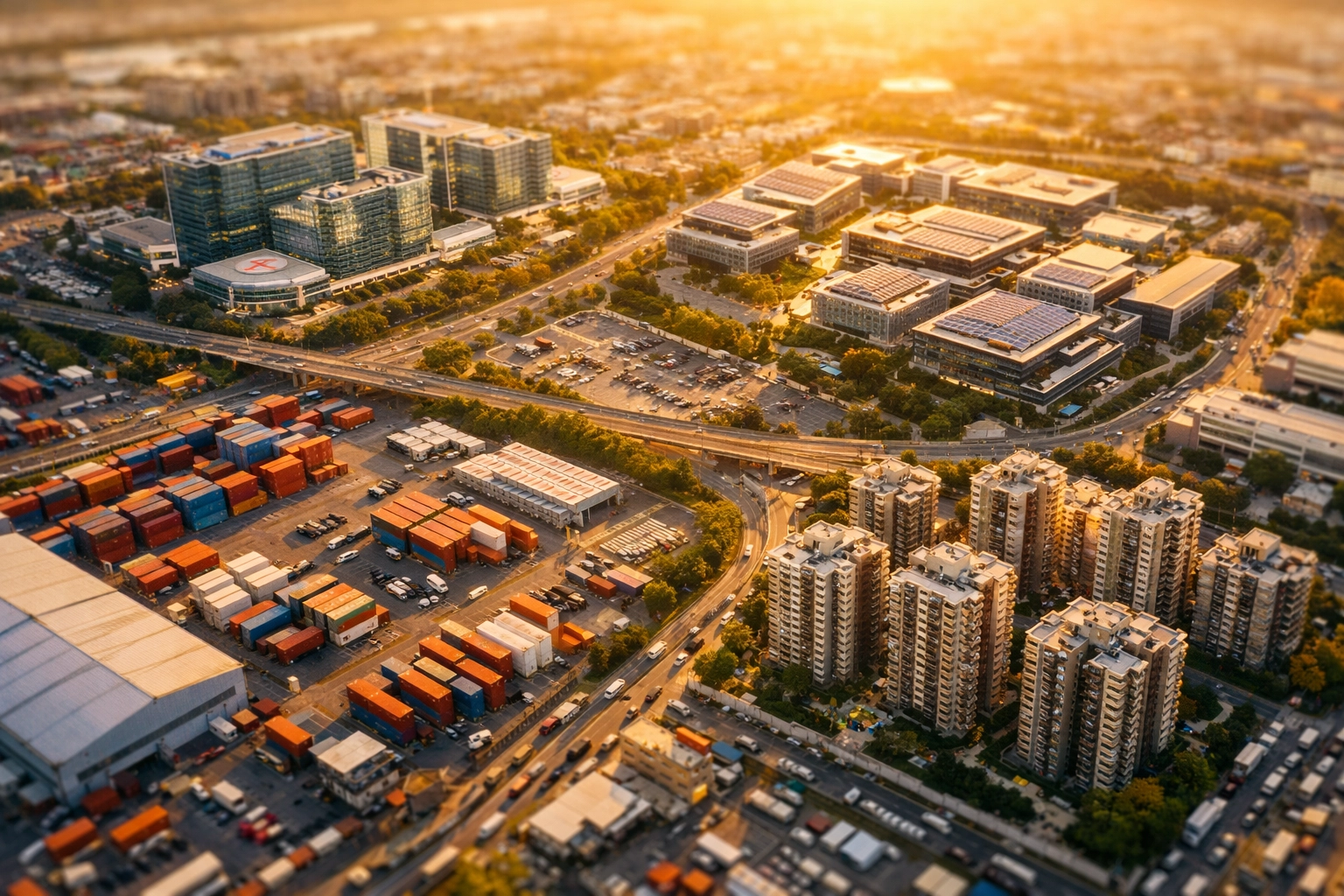 Aerial view of diversified industries including healthcare, technology, logistics and residential sectors