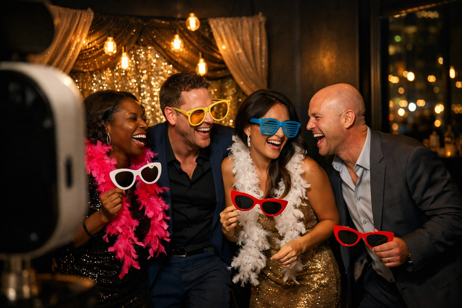 Guests laughing with photo booth props at upscale party event