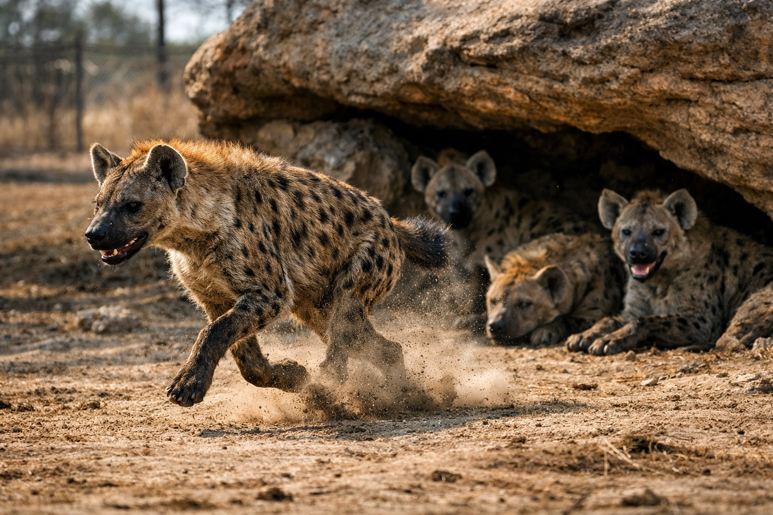 A pack of hyenas in a naturalistic habitat, highlighting authentic wildlife imagery for guest loyalty.