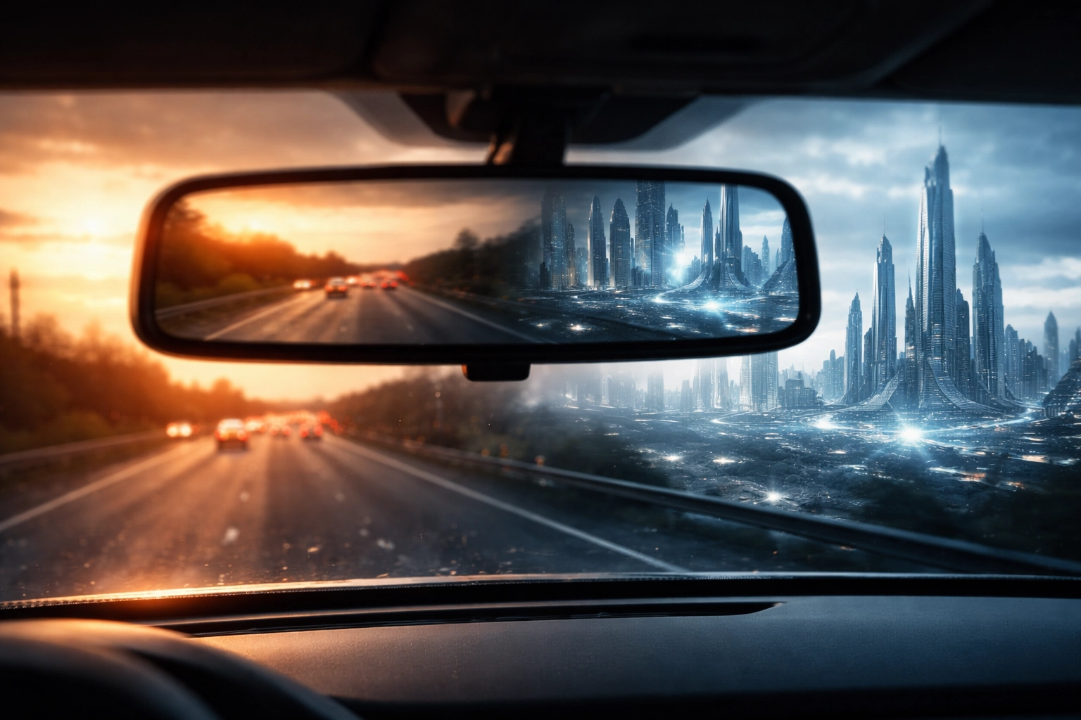 Rearview mirror contrasts past performance with a future cityscape, illustrating forward-thinking investing