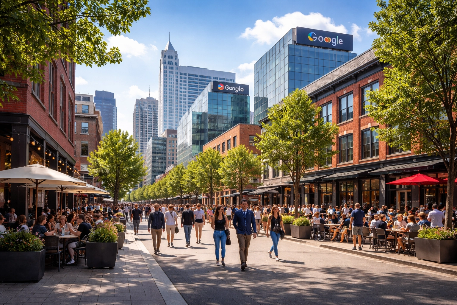 Street view of downtown Raleigh with modern buildings, showcasing investment opportunities and tech-driven growth.