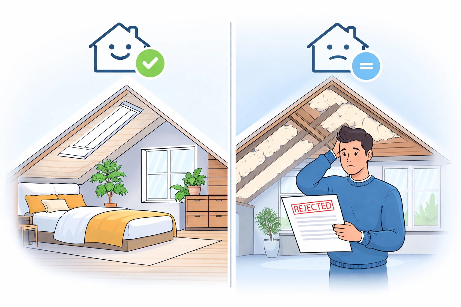 Comparison of a loft bedroom with compliant insulation versus issues from non-approved spray foam insulation