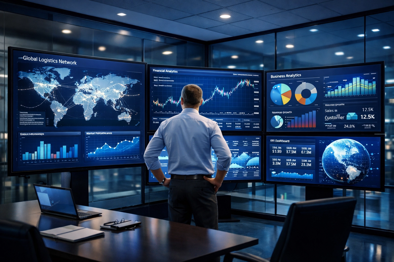 Professional analyzing real-time business intelligence and data analytics in a modern corporate hub.