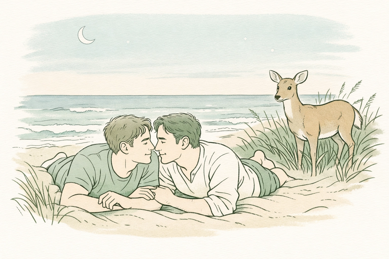 Two men in intimate conversation on Fire Island beach with white-tailed deer watching