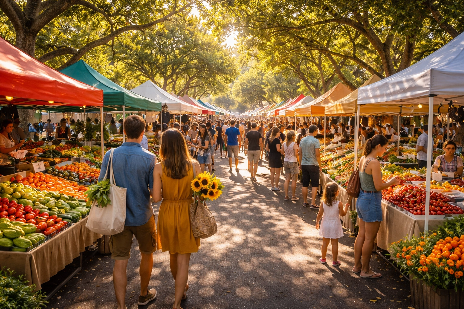 Crowds enjoying Summerville farmers market with local vendors, fresh produce, and handmade goods