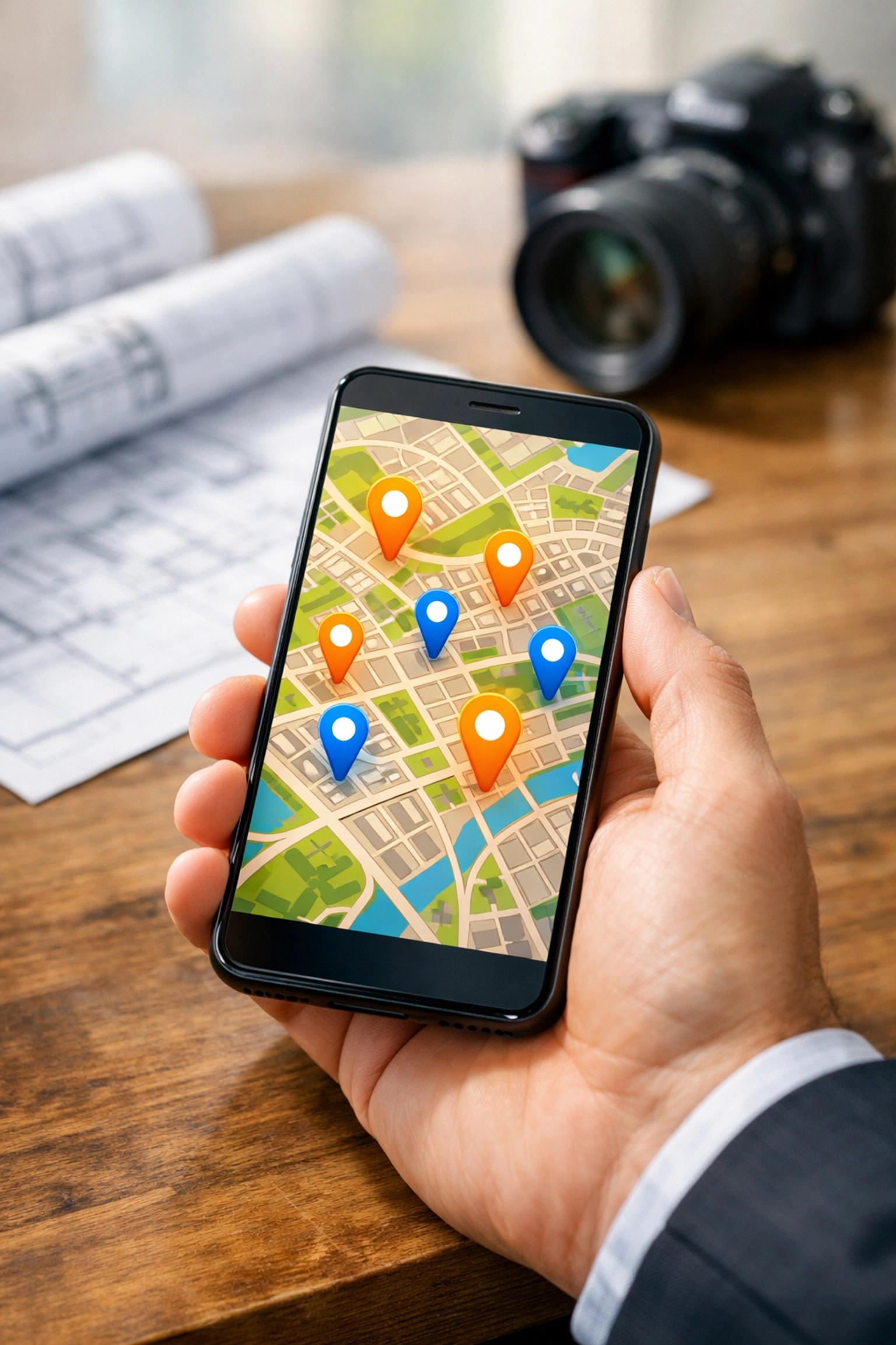 A smartphone displaying a map with location pins for local SEO services and small business visibility.