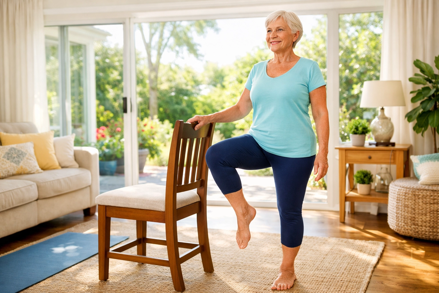 Senior woman performing balance exercises at home to improve stability and prevent falls.