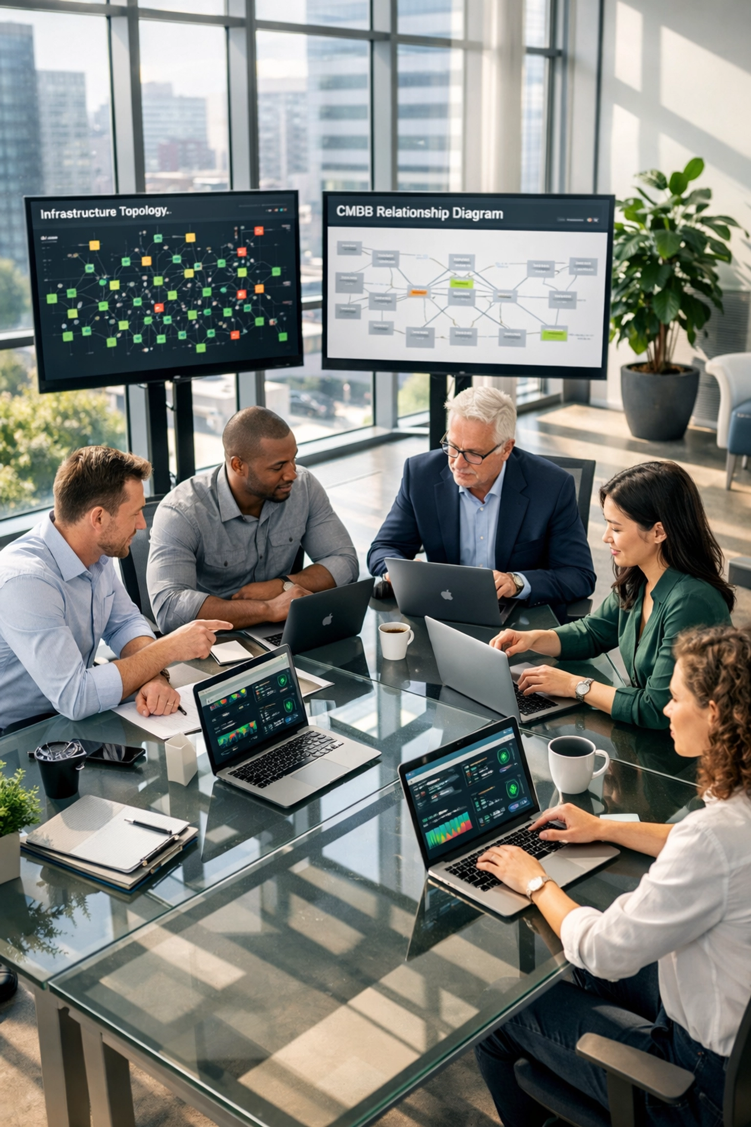 ServiceNow implementation partner team configuring ITOM infrastructure and CMDB workflows