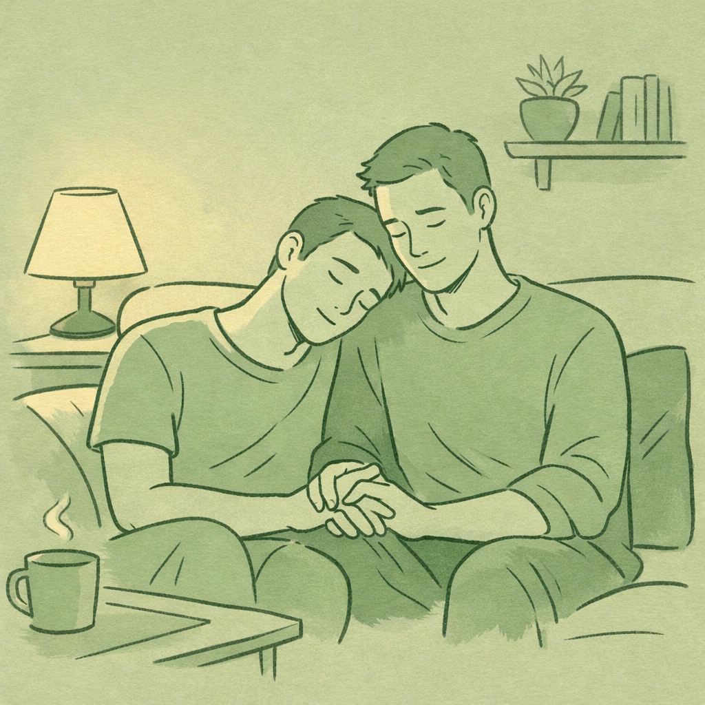 Two men in intimate embrace showing vulnerability and emotional safety in gay relationship
