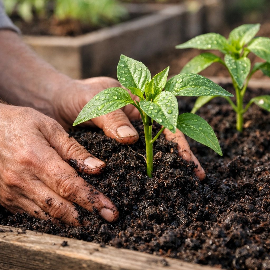 Gardener applying organic compost around young pepper seedlings in a raised garden bed