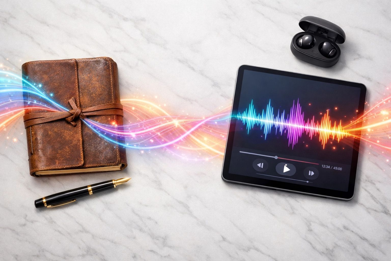 A workspace showing the synergy between traditional blog writing and modern audio podcasting content strategy.