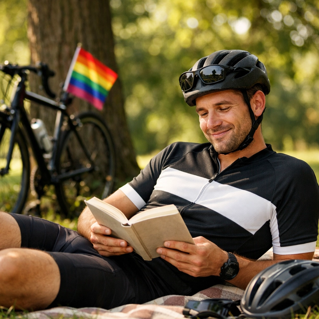 Gay cyclist reading MM romance book in park after endurance ride with pride bike