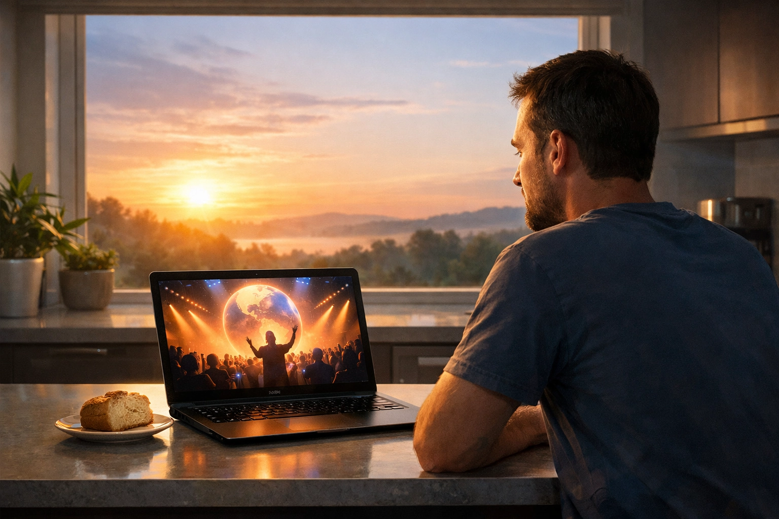 Man taking communion at home while watching online worship on a laptop at sunrise
