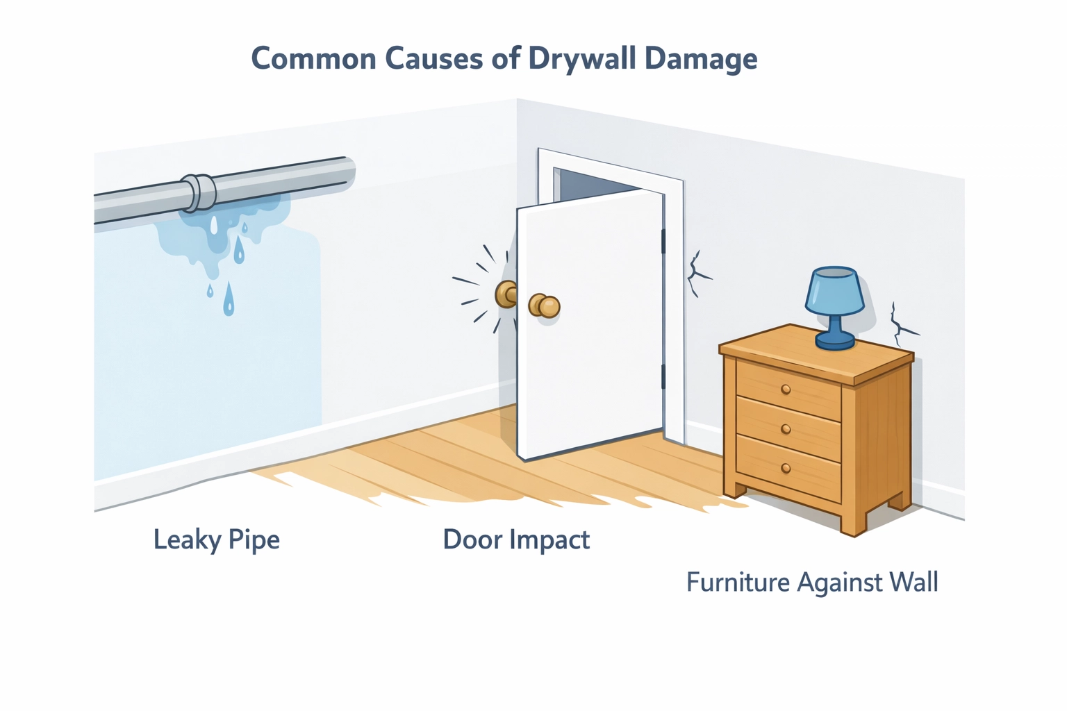 Common causes of drywall damage including water leaks, door impacts, and furniture contact