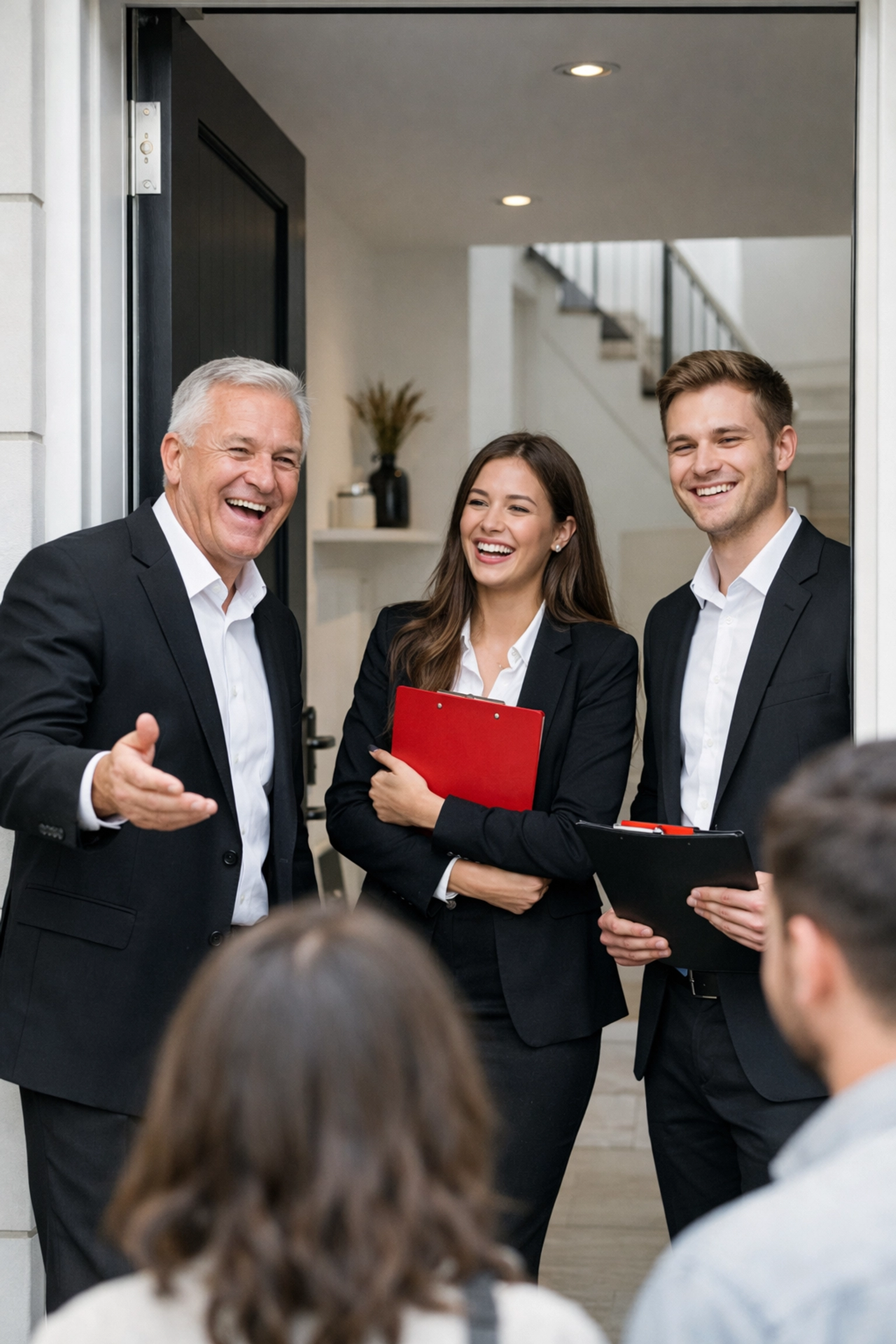 Three estate agents greet visitors at a Glasgow townhouse open house, showing teamwork and client focus.