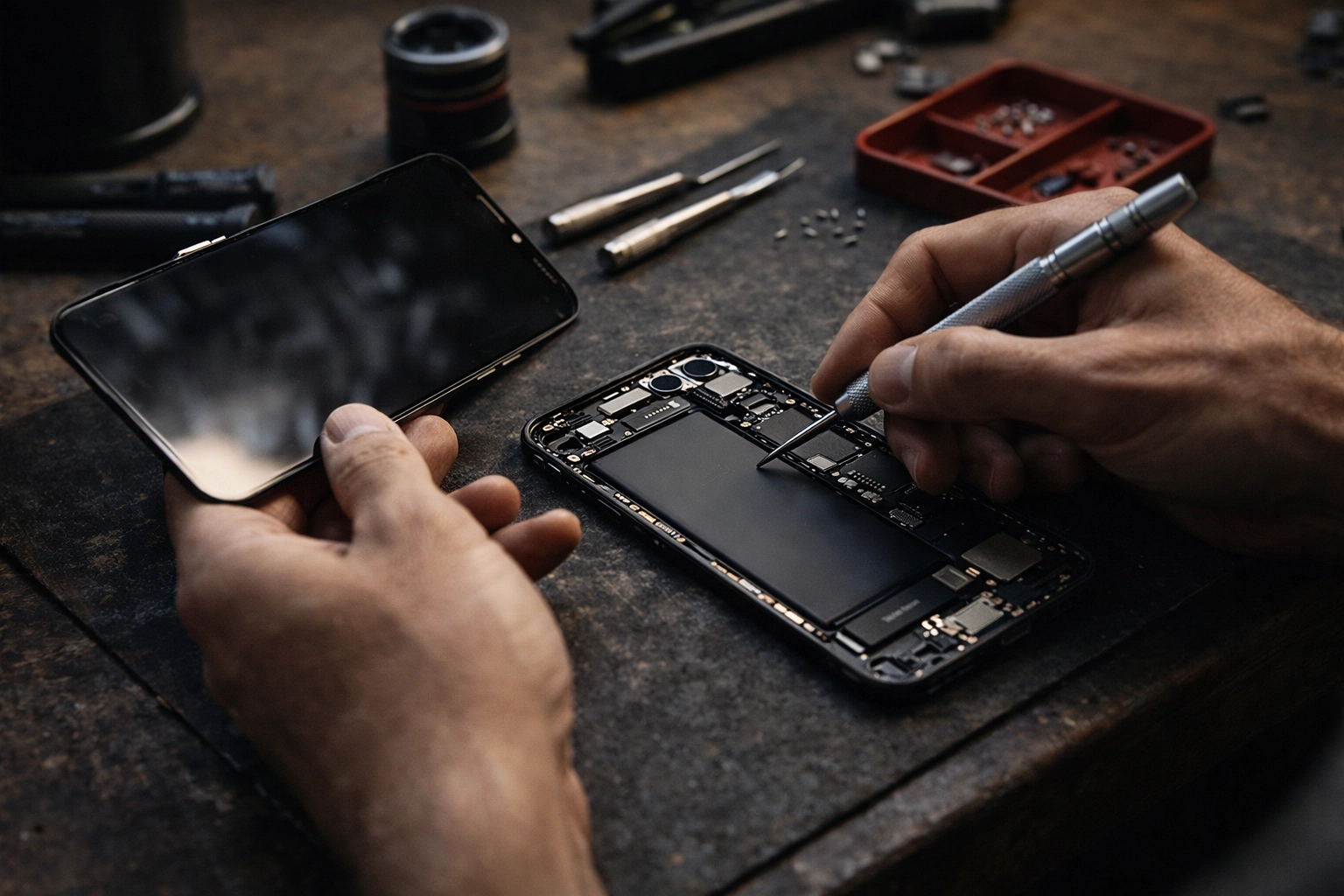 Professional phone repair tools on a real Brooklyn workbench, representing our reliable repair guarantee.